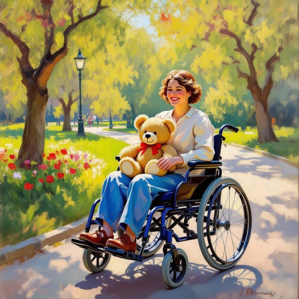 Joyful Park Ride: Person Pushes Teddy Bear in Wheelchair