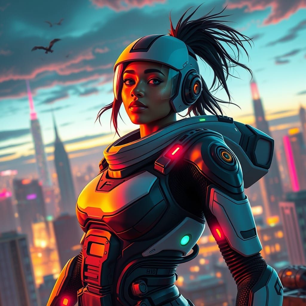 Woman in Exosuit in Futuristic Cityscape