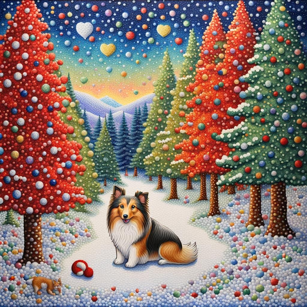 Pointillism Sheltie Dog in Winter Wonderland