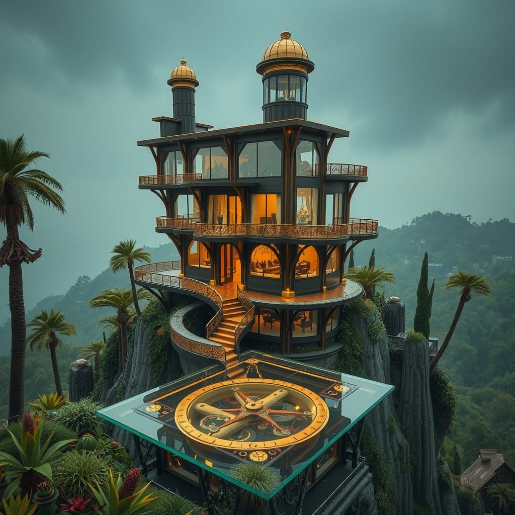 Frank Lloyd Wright builds a steampunk tartarian cantilevered steampunk building in the Hollywood hills