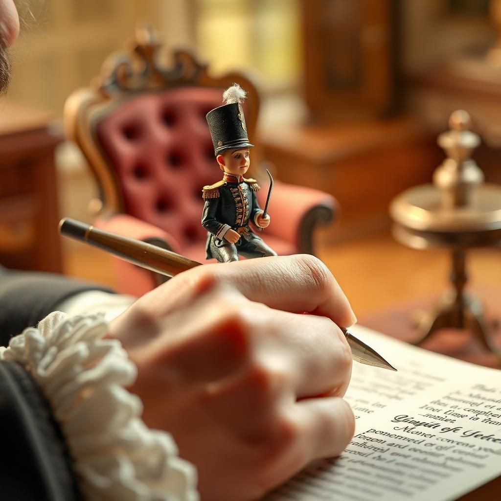 Lilliputian Soldier on Gulliver's Finger in Watercolor Style