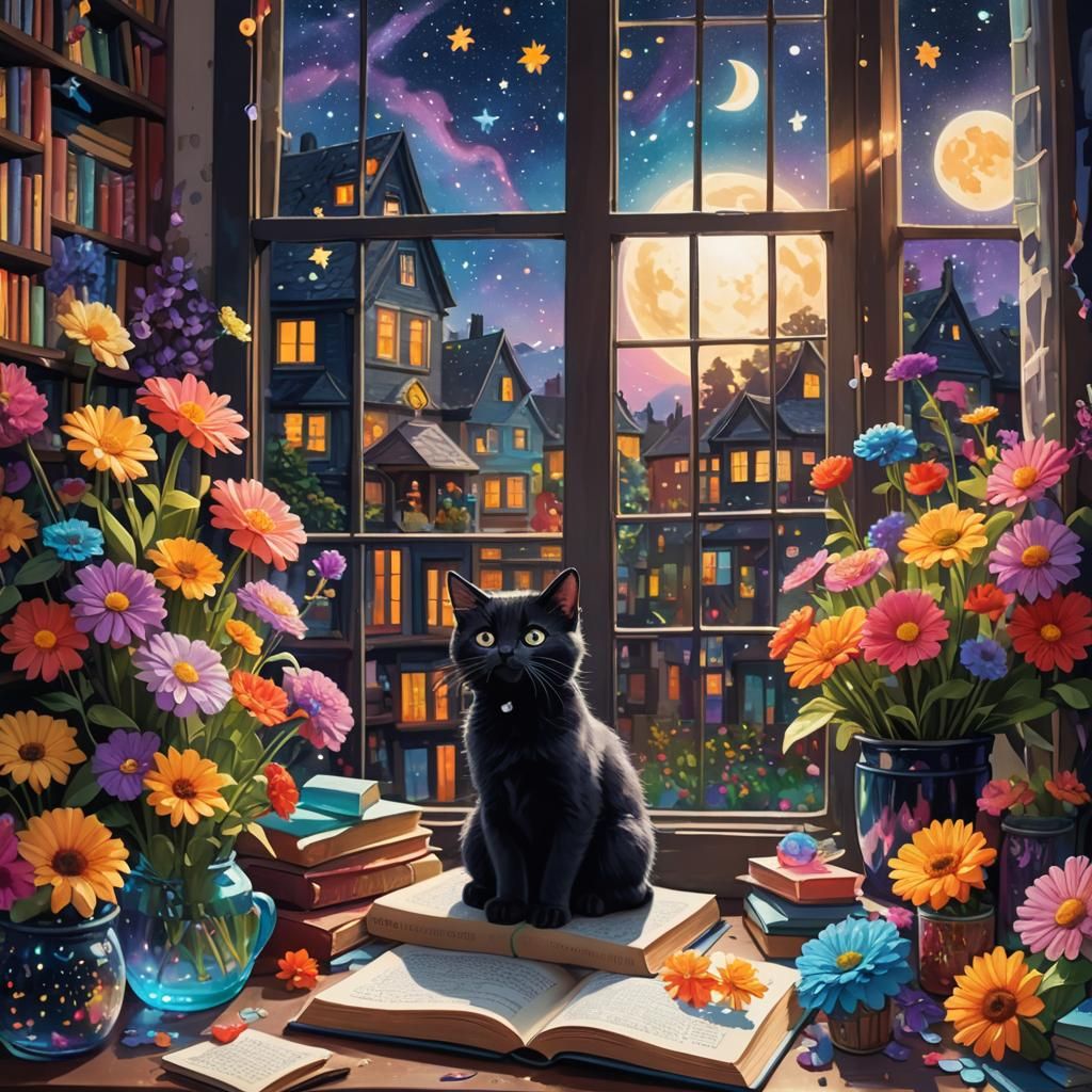 Black Kitten at Window in Candy Art Style