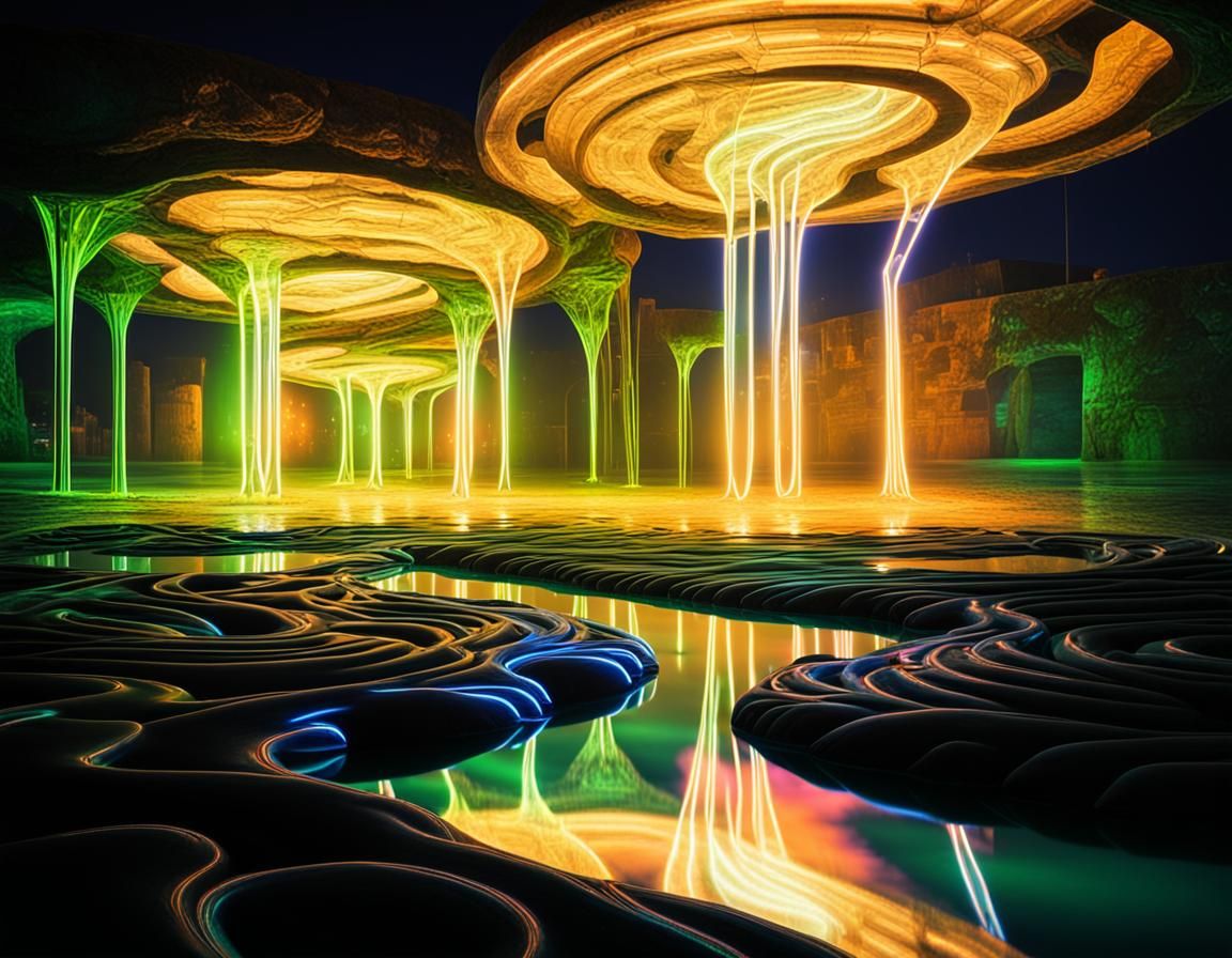 Neon Snakes Reflected at Night, Fractal Art