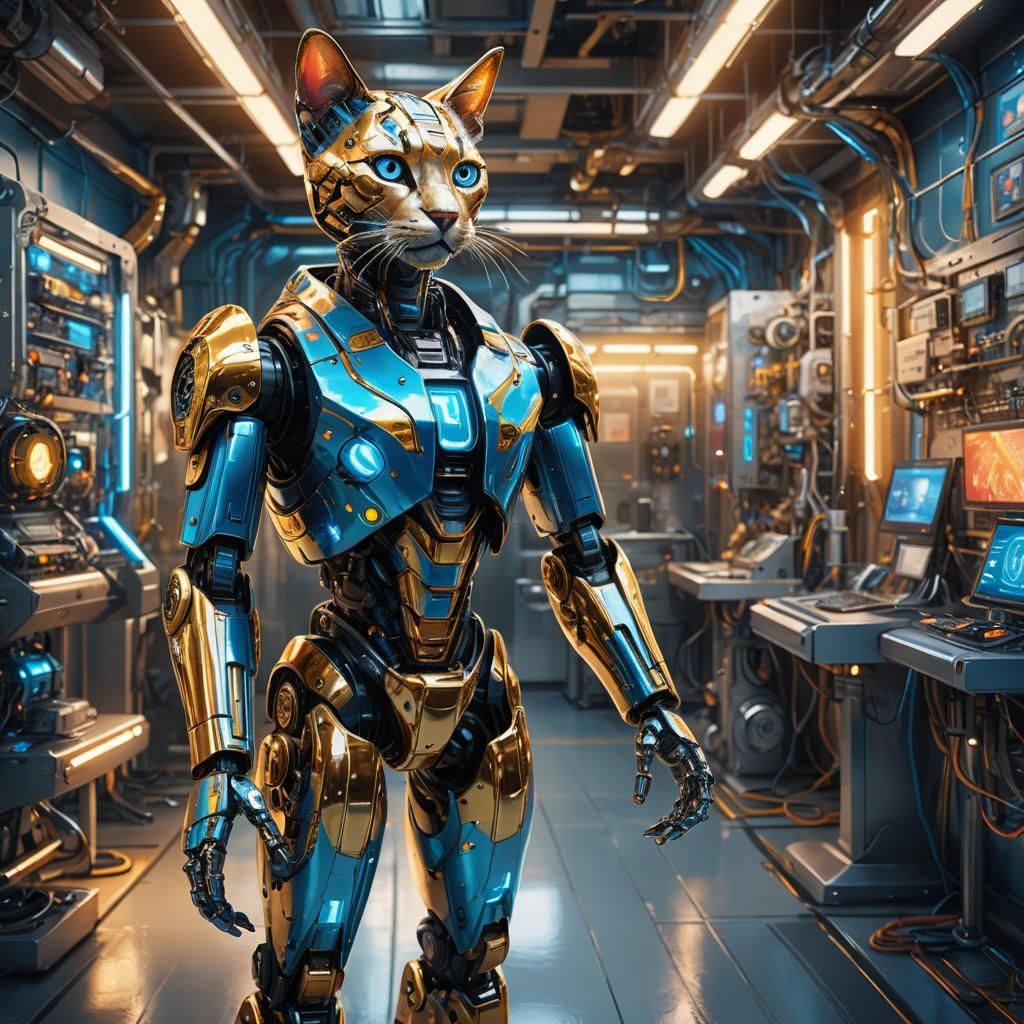 Humanoid Robot Cat in Futuristic Lab, Digital Illustration