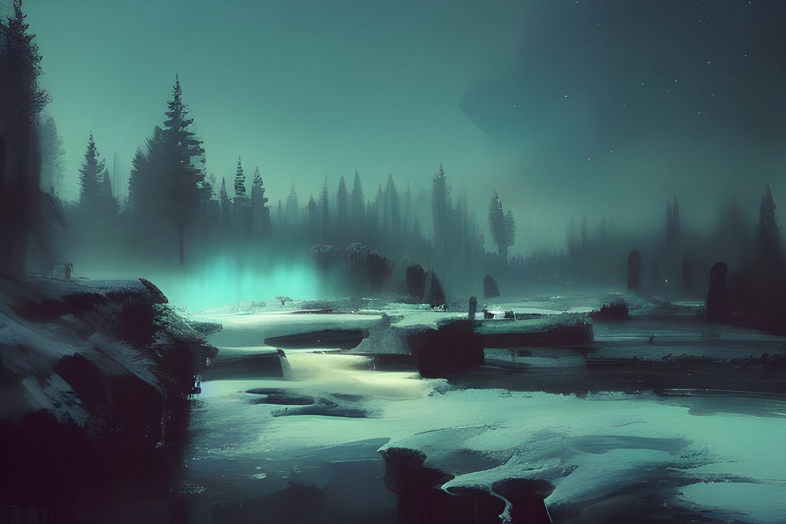 Winter Night Landscape: Detailed Fantasy Oil Painting