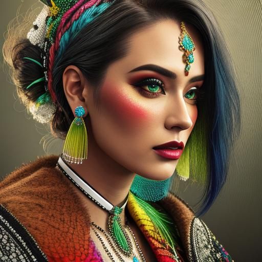 Psychedelic Portrait of Woman in Colorful Jewelry