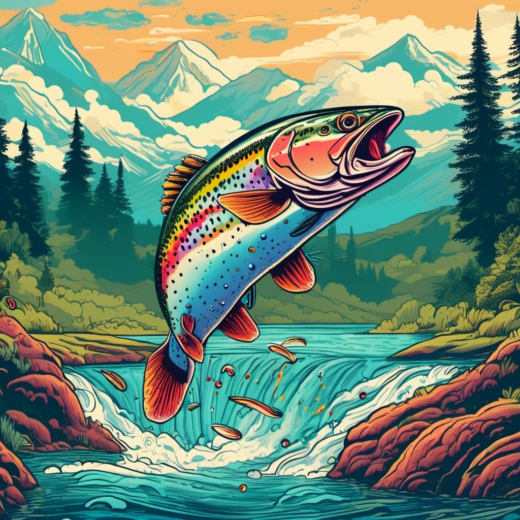 Cartoon Rainbow Trout Leaping Illustration
