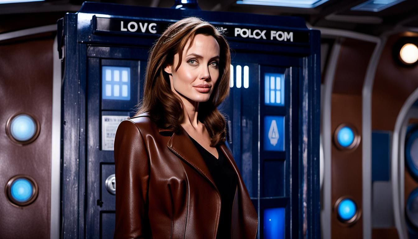Angelina Jolie is the new Doctor Who. She is standing inside her Tardis control room. Wearing fit brown leather suite. G...