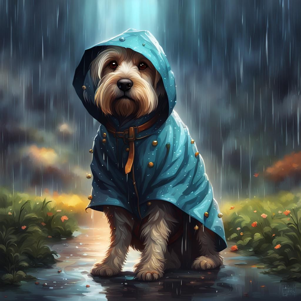 Bobtail Dog in Rain Gear: Digital Art
