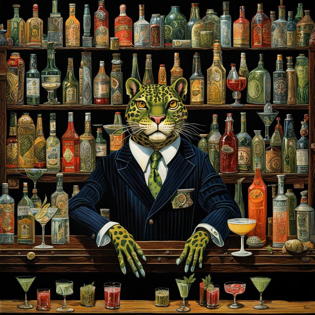 Leopard Frog Bartender in Collage Art Style