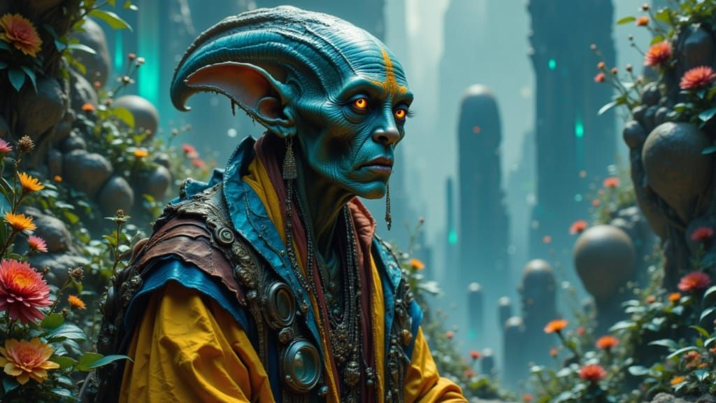 Wise Alien Elder on Bioluminescent Exoplanet