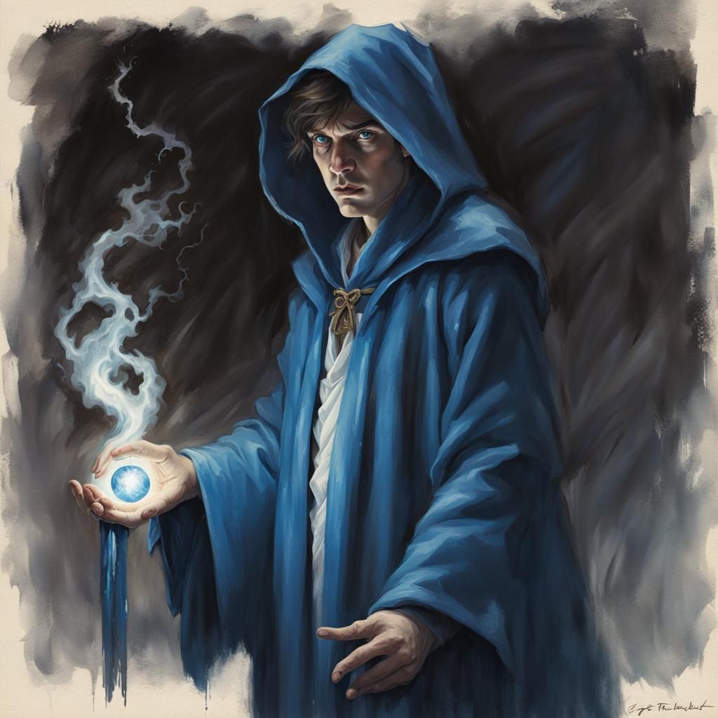 Young Wizard Casting a Spell in Dramatic Lighting