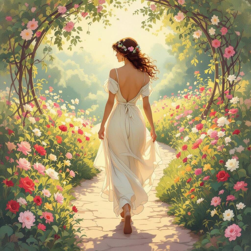Romantic Woman on Floral Path in Art Nouveau Style