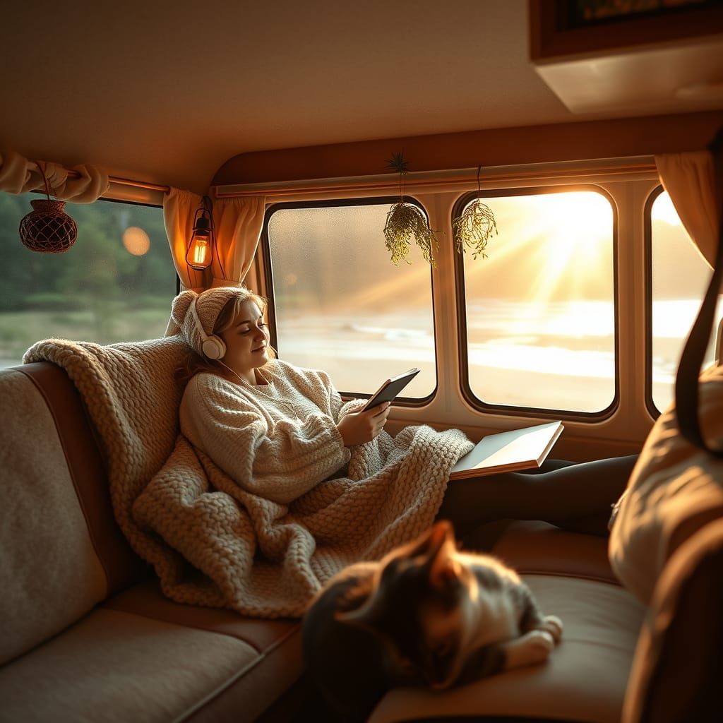 Serene Lofi Girl in Cozy Van with Cat