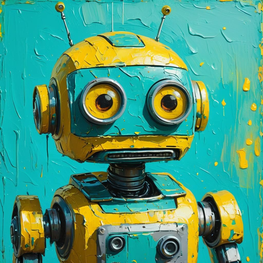 Adorable Robot in Sunbeams as Impasto Painting