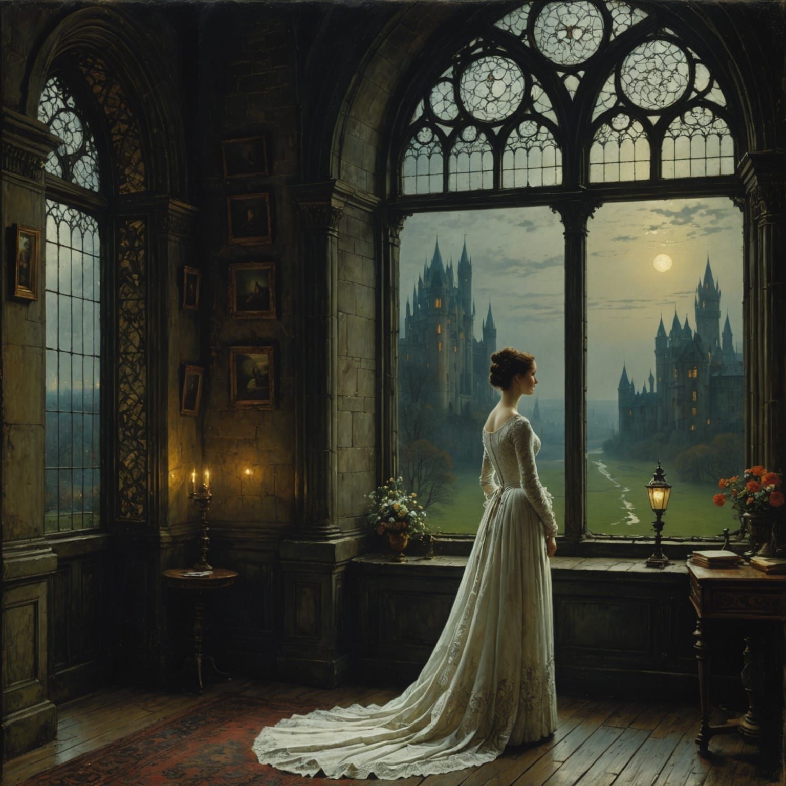 Woman in Gown at Gloomy Castle Window