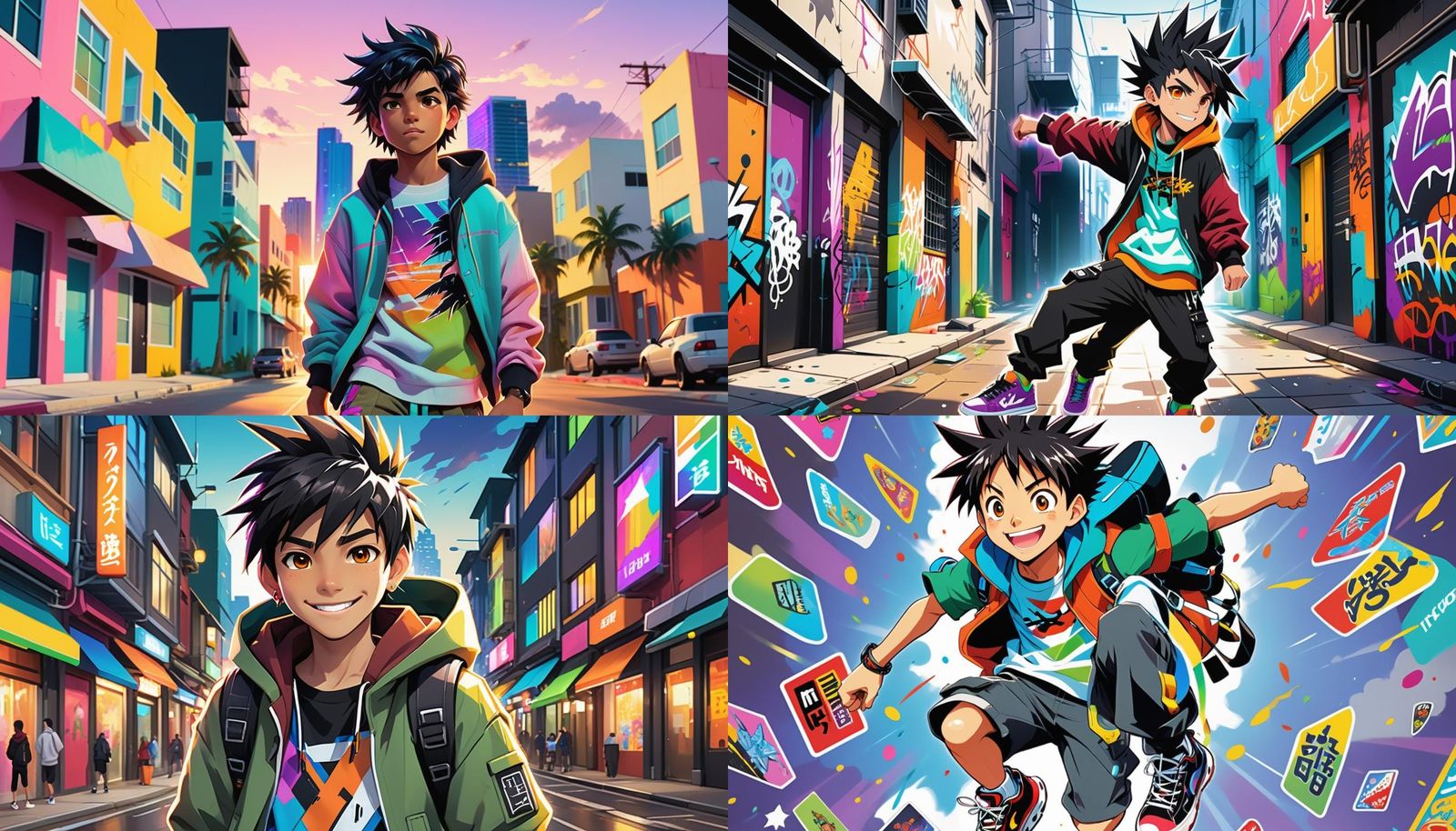 Energetic Anime Boy with Spiky Hair and Oversized Hoodie