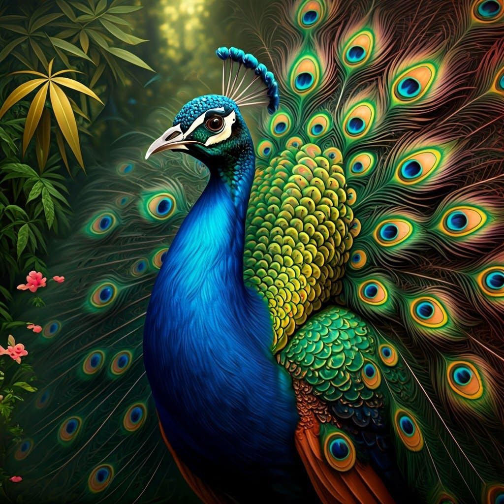 Fractal Peacock with Rainbow Iridescent Plumage
