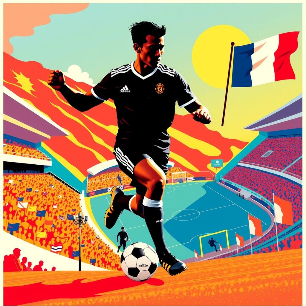 Vibrant Pop Art Football Player in Monaco Stadium
