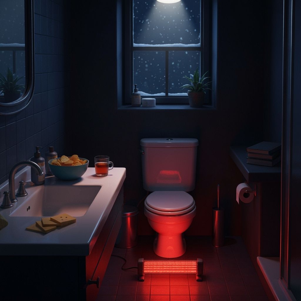Cozy Bathroom Scene with Snowfall and Books