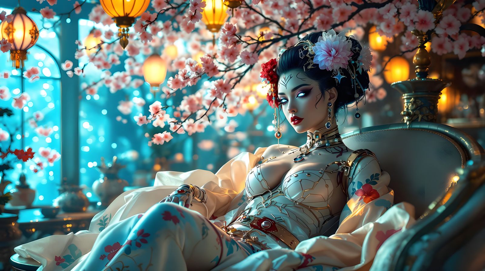 Cyberpunk Geisha in Vibrant Futuristic Teahouse