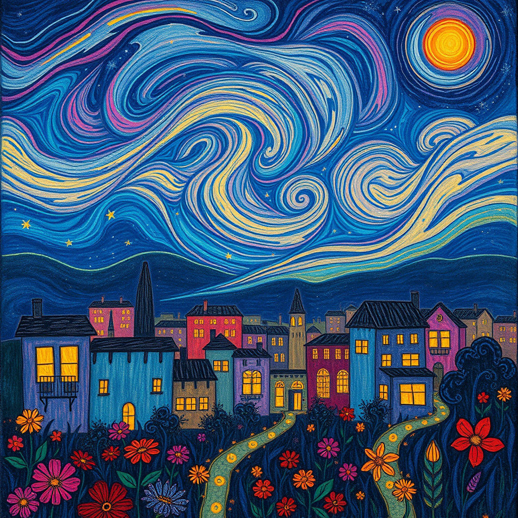 Crayon-Drawn Cosmic Cityscape with Rainbow Sky