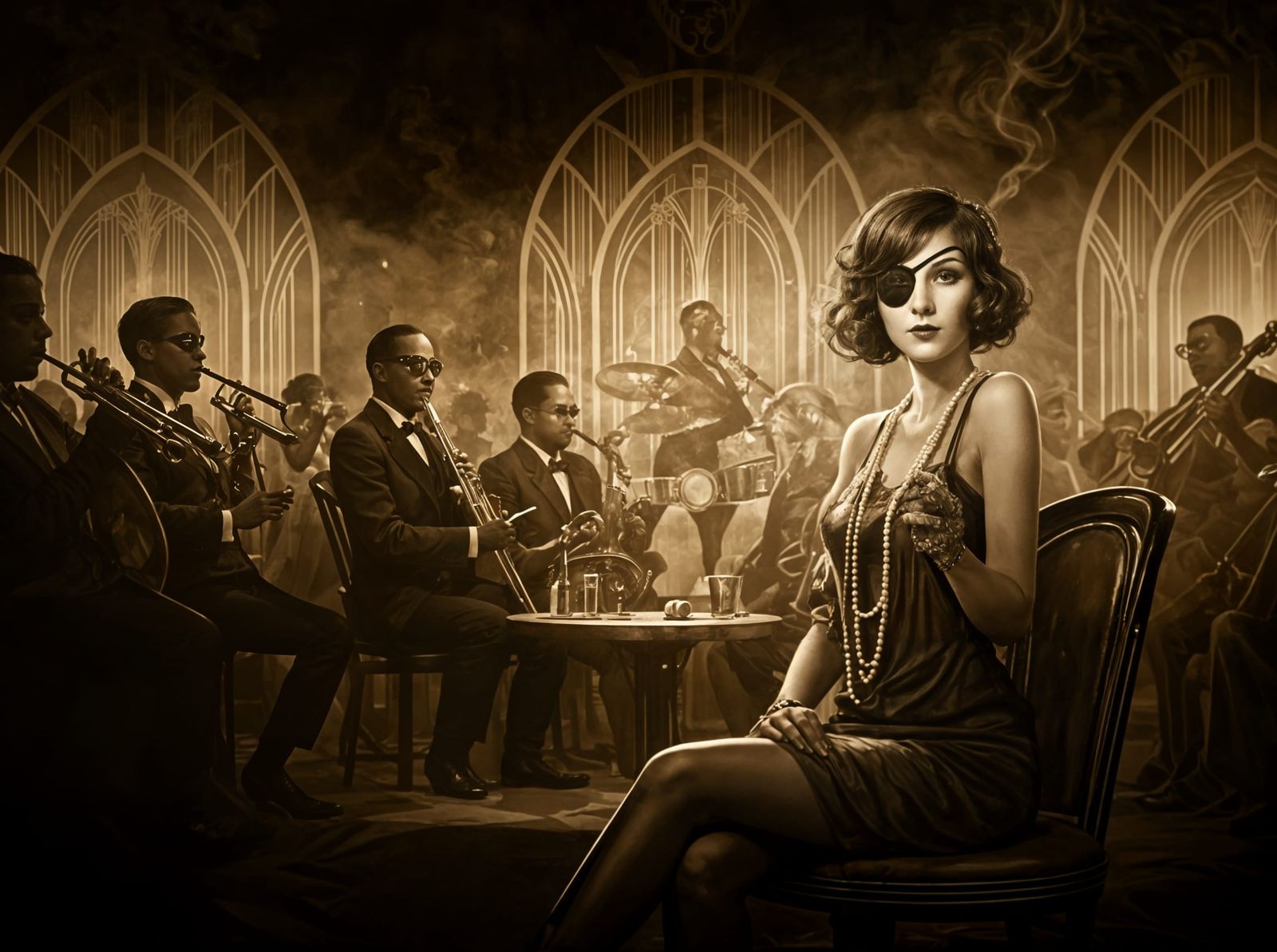 Mysterious Eyepatch Flapper in 1920s Art Deco Jazz Club