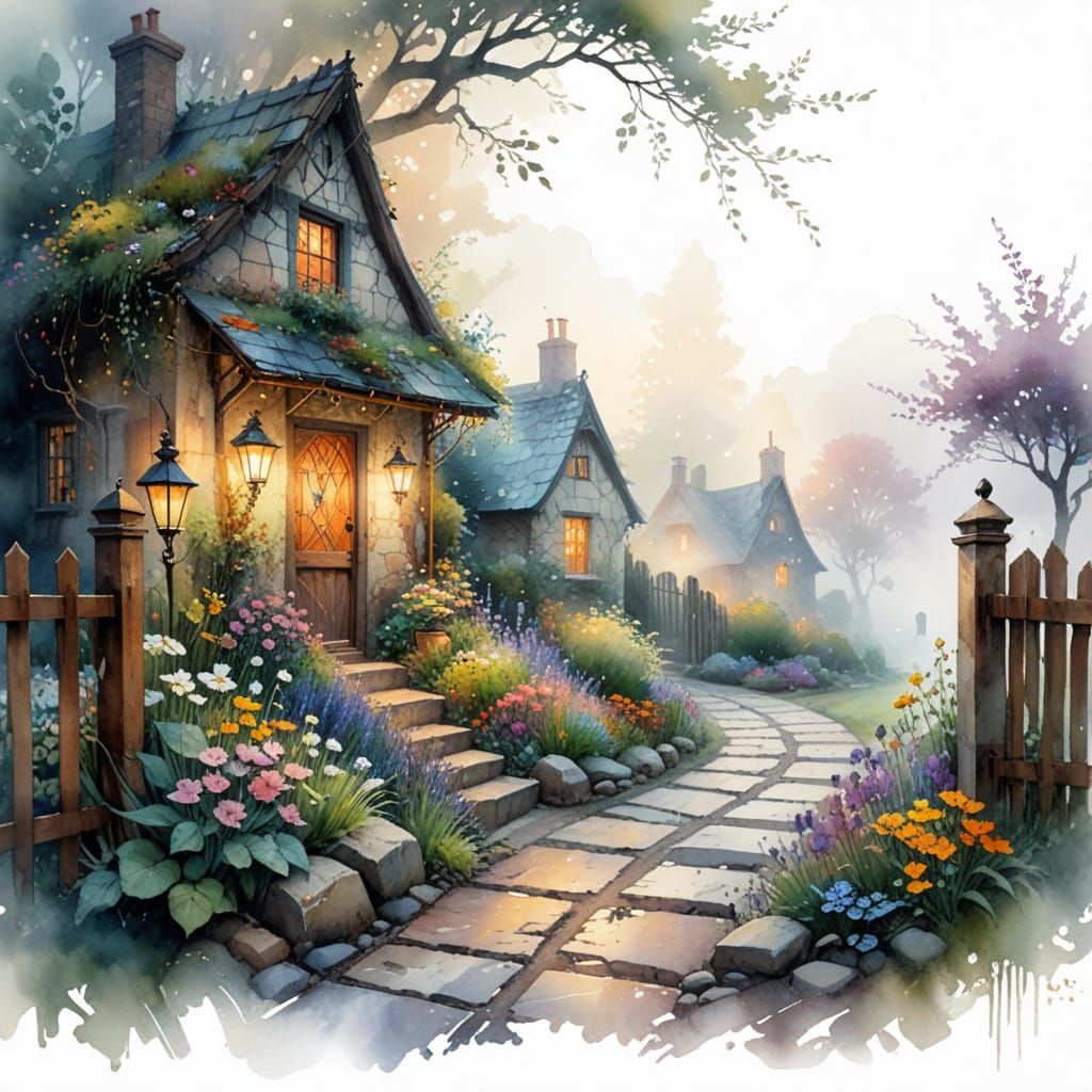 Misty Cottage Garden in Watercolor with Alcohol Inks