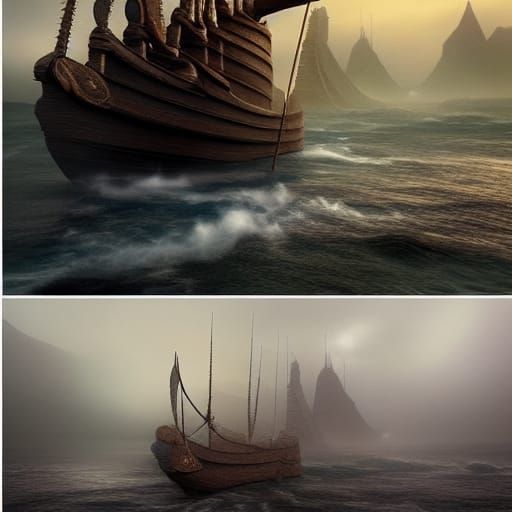 Viking Longships in Early Morning Mist