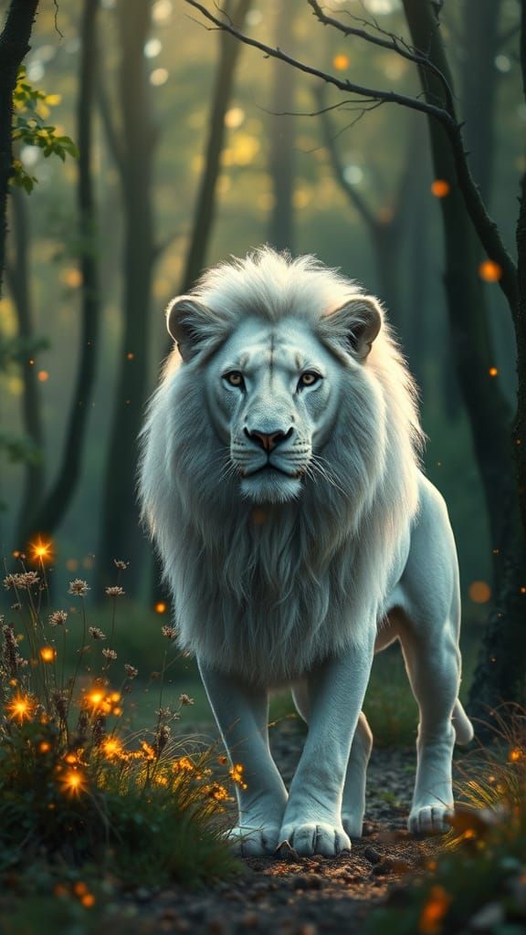 White Lion in a magical scenery. Sparkles and mystcial in Fo...