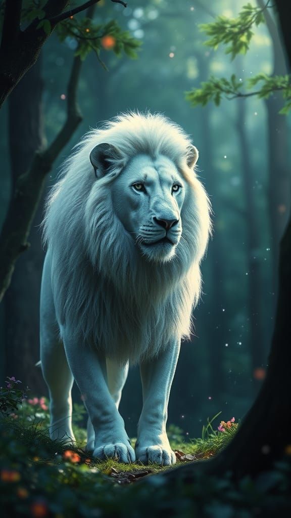 White Lion in a magical scenery. Sparkles and mystcial in Fo...