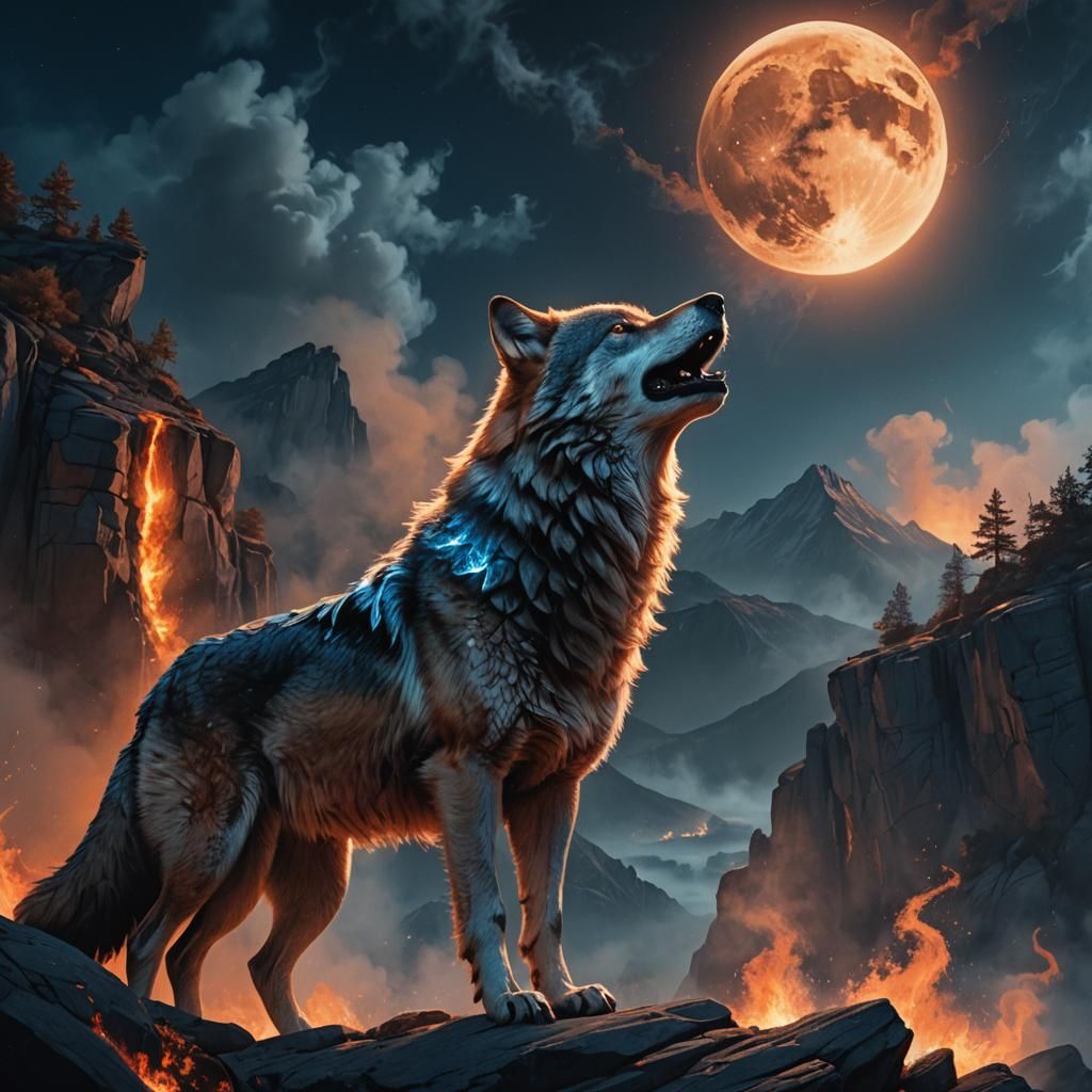 Alpha Wolf Howling at Moon in Matte Painting