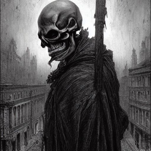 Bearded Skeleton in City Street: Black and White Horror