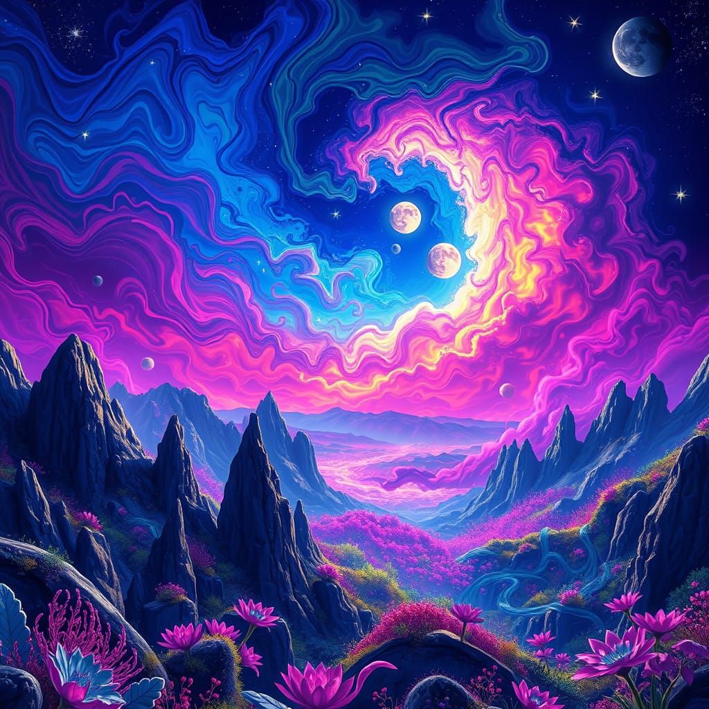 Surreal Landscape Unfurls in Vibrant, Iridescent Hues, with....