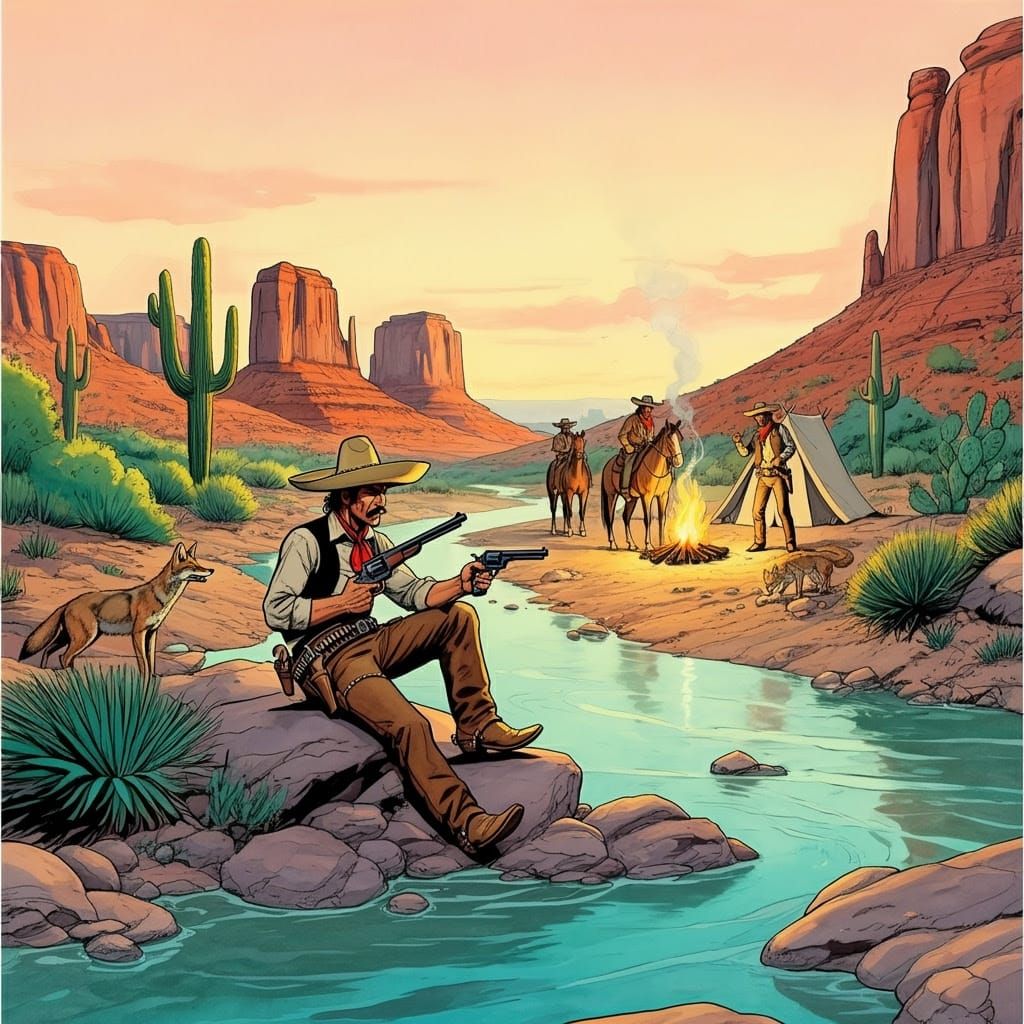Vibrant Wild West Scene in Comic Book Watercolor Style
