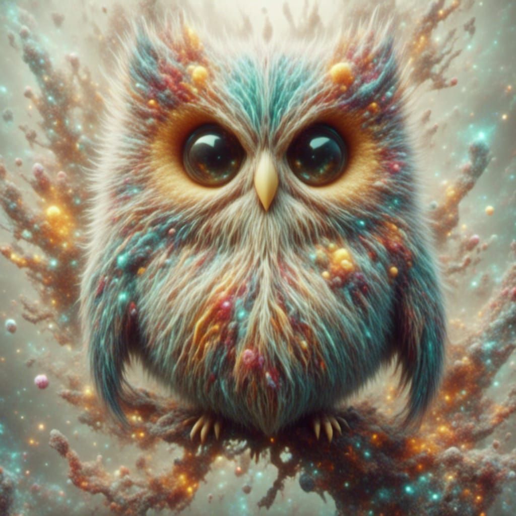 Fluffy Furry Owl in Surreal Psychedelic Style