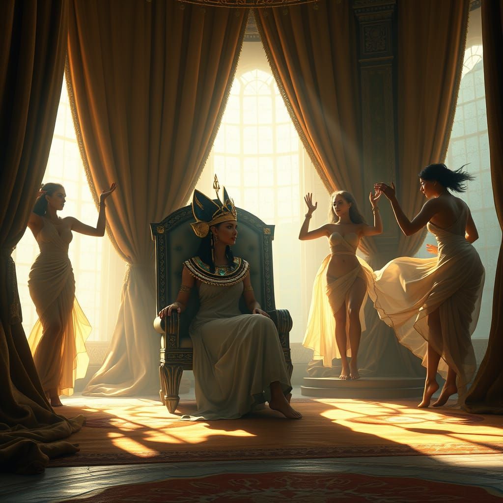 Ancient Egyptian Queen Enchanted by Dancers in a Golden, Dre...