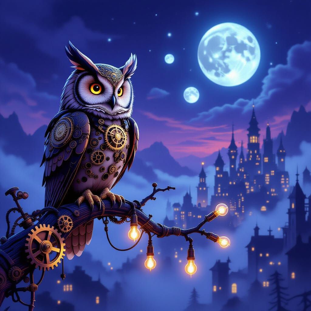 Clockwork Owl Over Steampunk City at Twilight