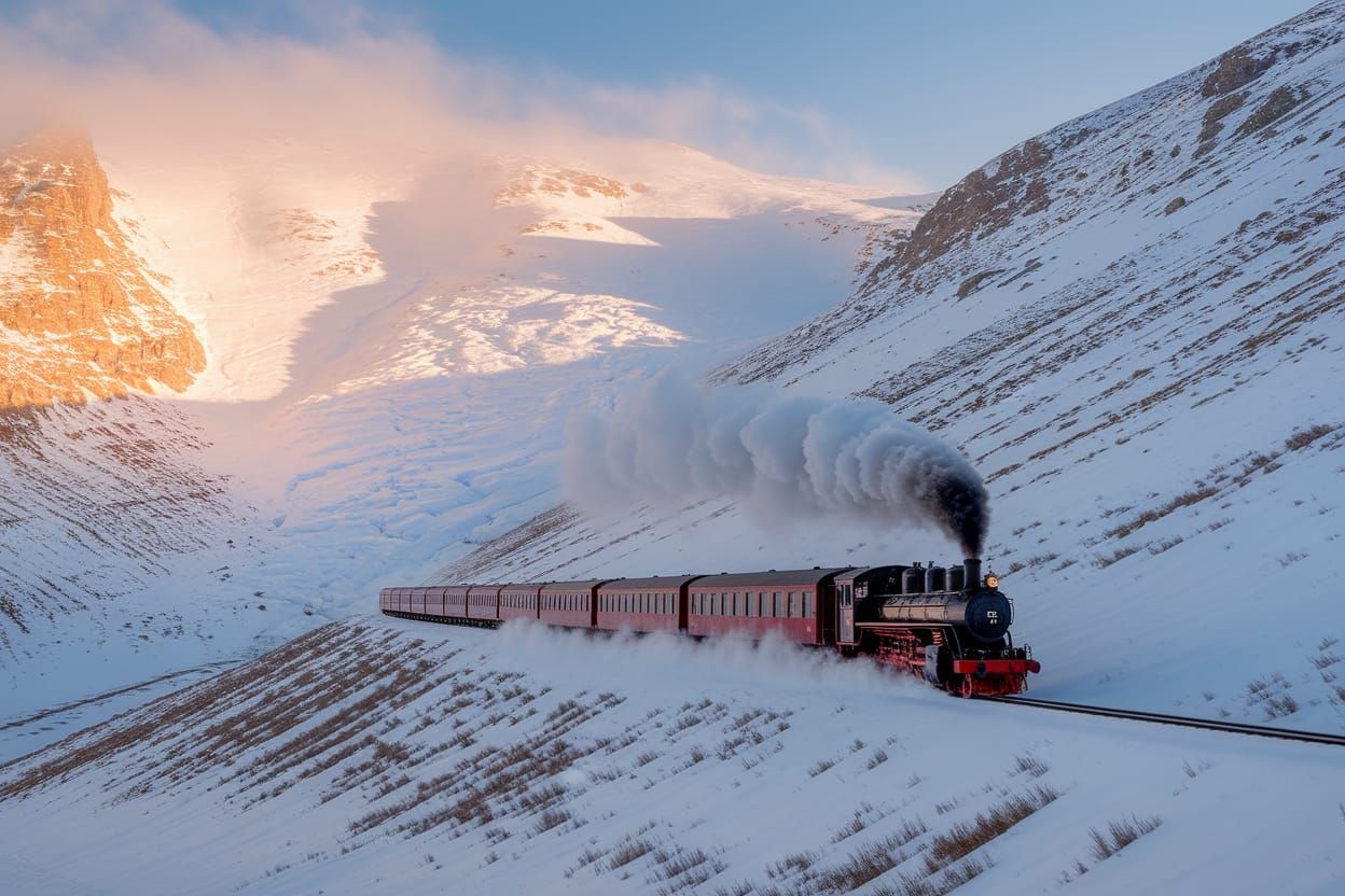 Vintage Train Navigates Frozen Mountain Pass with Avalanche