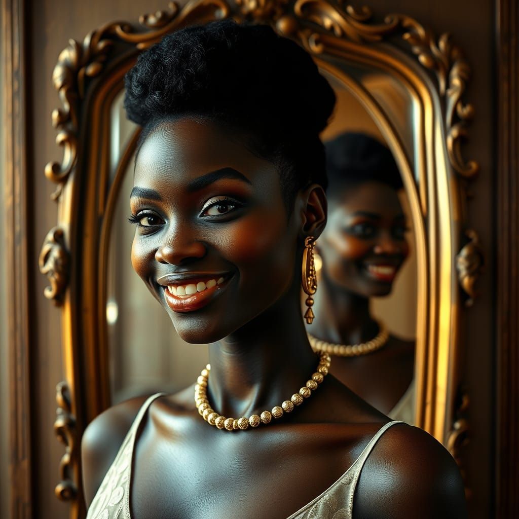 Elegant Dark Skinned Woman in Infinite Reflection