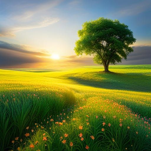 Lone Tree in a Sunny Green Pasture