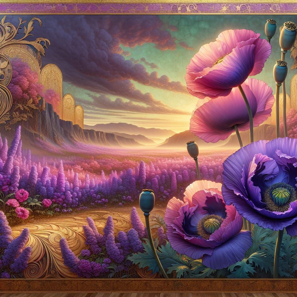 Purple Poppies Landscape in Art Nouveau Rococo Style