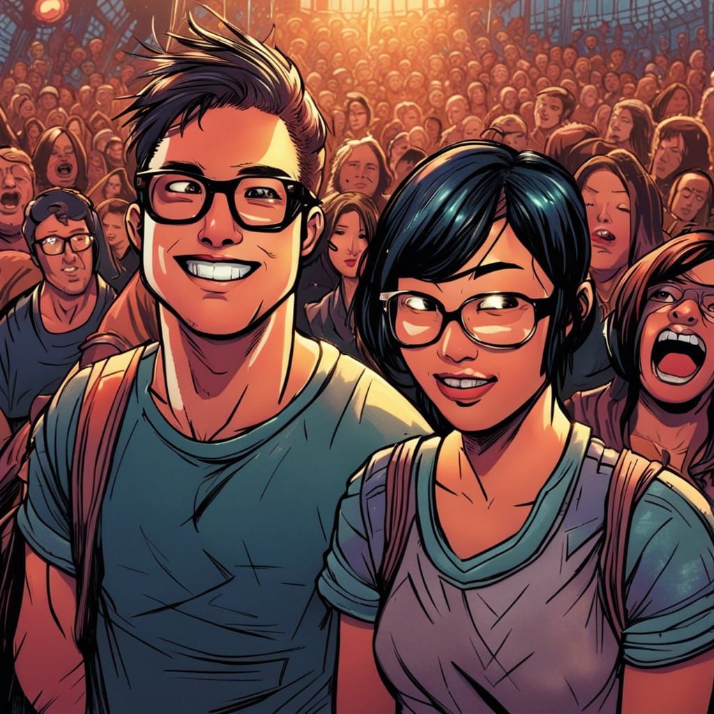 Nerd Boy and Asian Woman at Concert: Comic Book Art