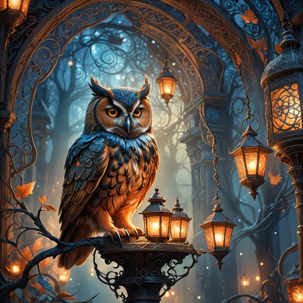 Mystical Owl on Glowing Lantern in Fantasy Art