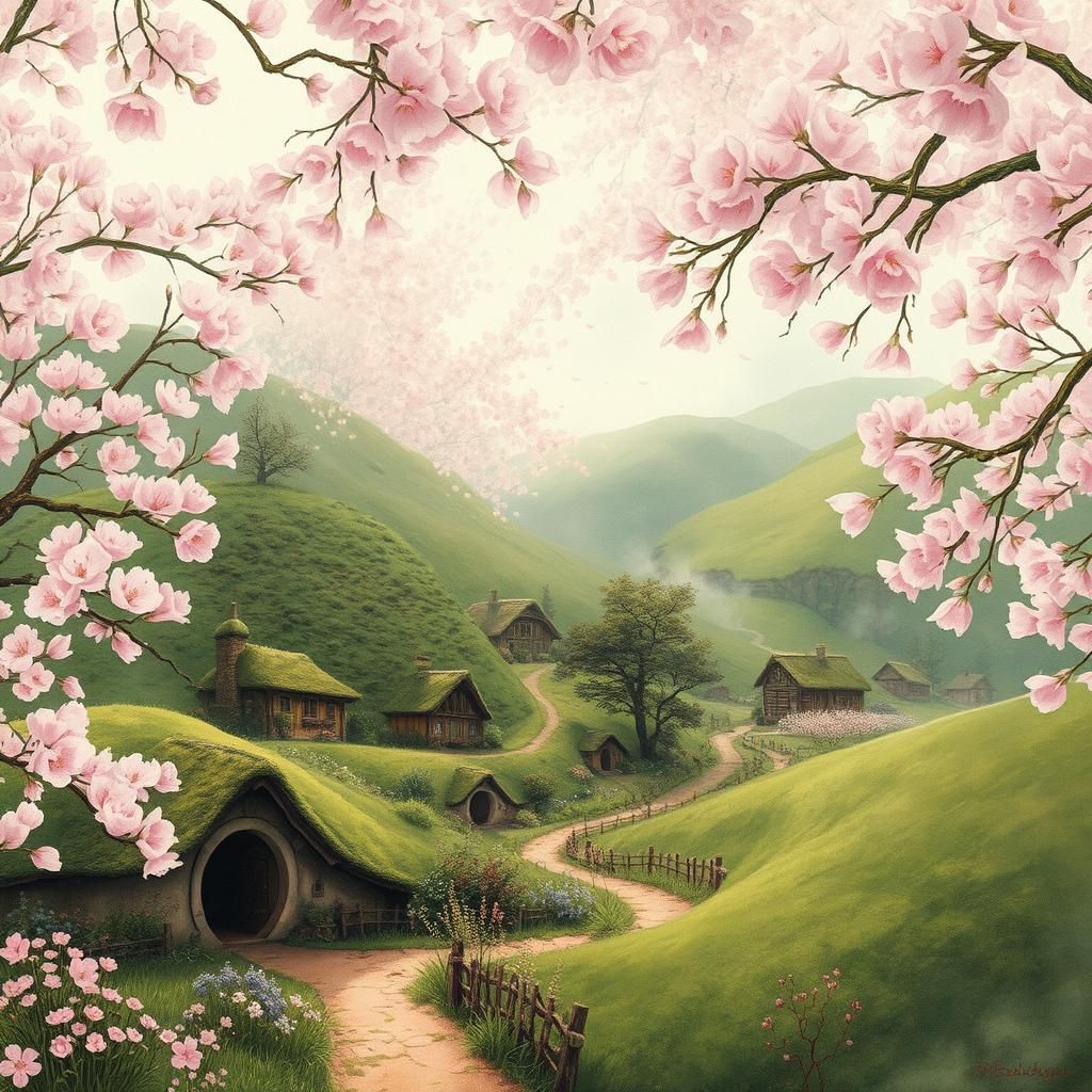 Hobbiton Village Cherry Blossom Vortex in Watercolor Style