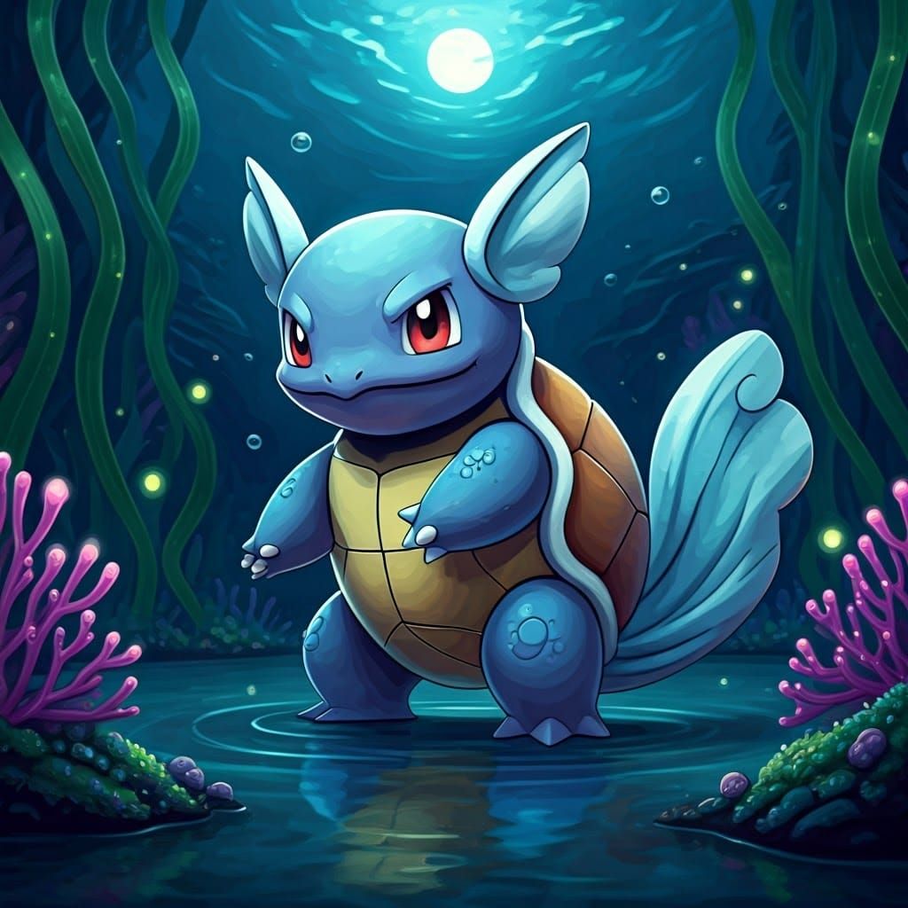 Wartortle Pokemon in Bioluminescent Aquatic Dreamscape