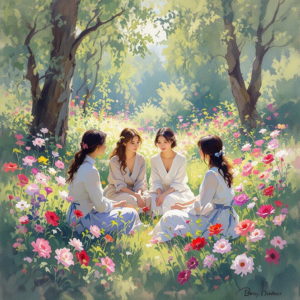 Impressionistic Floral Landscape with Serene Figures