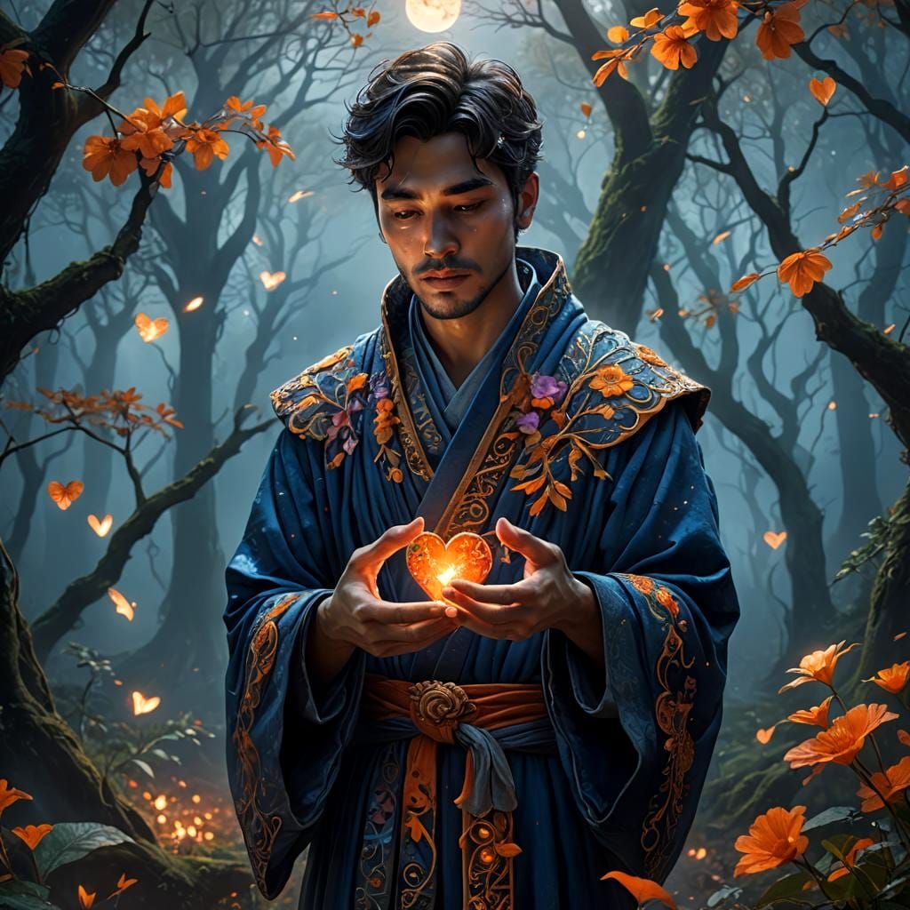 Man Holds Broken Heart in Misty Forest