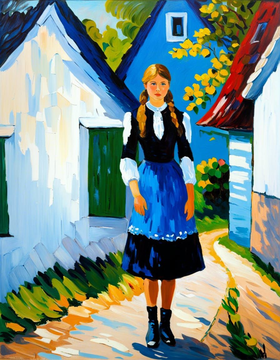 Estonian Girl in Village: Impressionist Impasto Painting