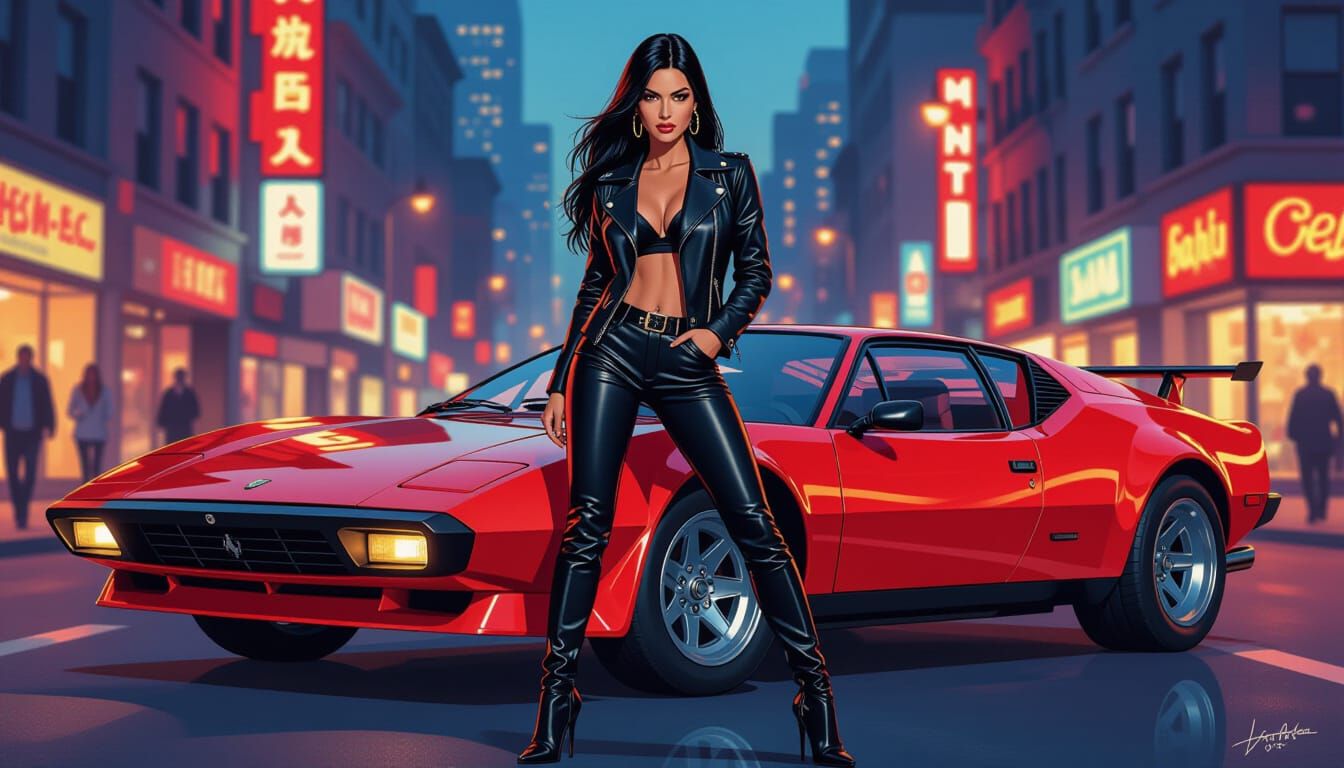 Italian Woman with DeTomaso in Cityscape